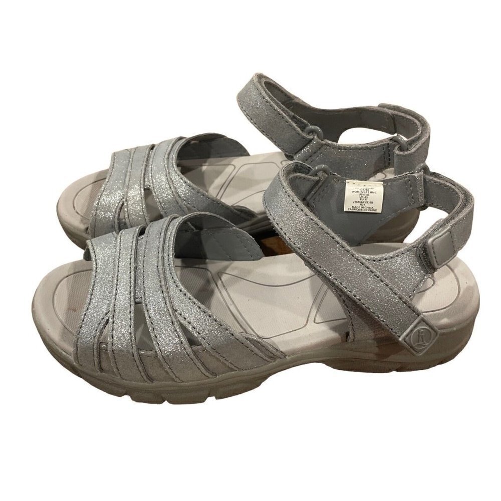 Lands End Women 6.5  All Weather Walking Sandals Silver Sparkle Glitter Comfort